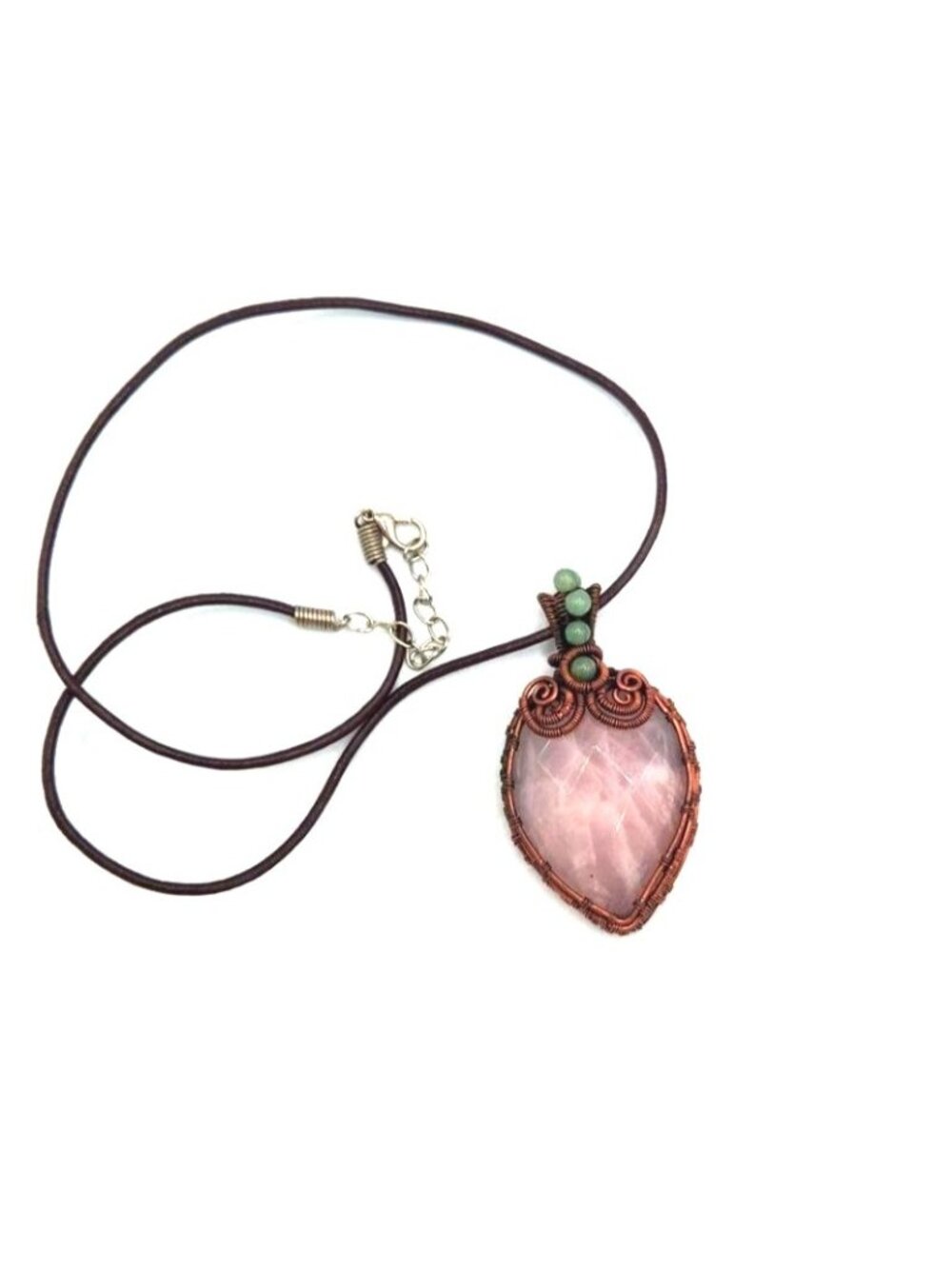 Rose Quartz  Necklace With Copper Wire Wrap & Green Bead Accents
